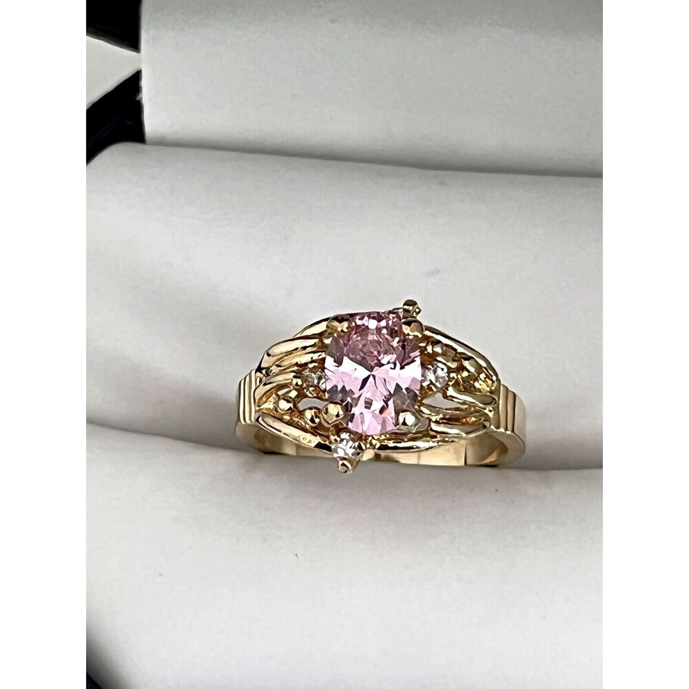 Vintage 1970s Ring Size 5 Pink CZ Cocktail Gold Plated Band - 14V - Picture 6 of 6